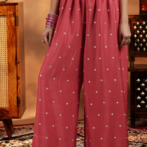 Coral Embroidered Silk Blend Straight Suit With Dupatta