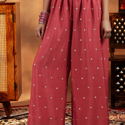 Coral Embroidered Silk Blend Straight Suit With Dupatta
