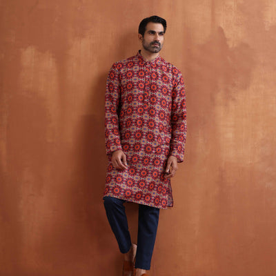 trueBrowns Men's Beige Printed Kurta