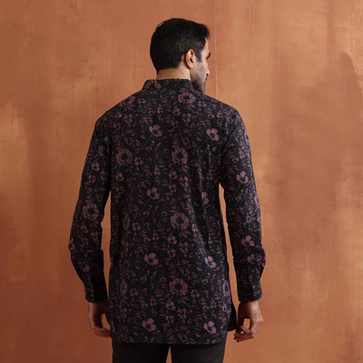 trueBrowns Men's Black Floral Printed Short Kurta