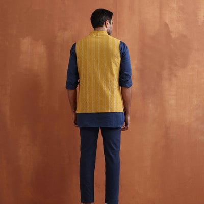 trueBrowns Men's Mustard Cotton Dobby Reversible Nehru Jacket