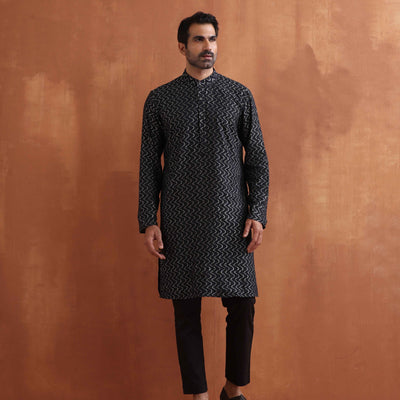 trueBrowns Men's Black Cotton Dobby Kurta