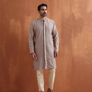 trueBrowns Men's Beige Cotton Dobby Kurta