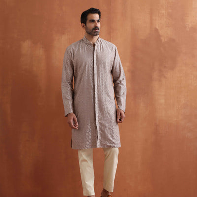 trueBrowns Men's Beige Cotton Dobby Kurta