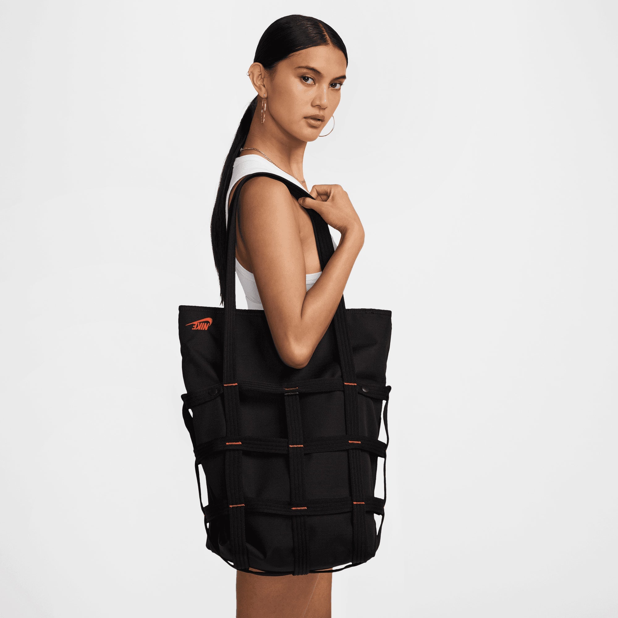 nike tote bag in black with orange taping strap