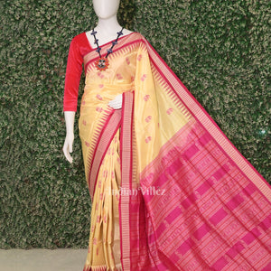 Cream Rani Pink Boita Design Bomkai  Sambalpuri Silk Saree
