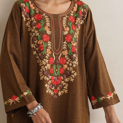 trueBrowns Brown Kashmiri Embroidered Woollen Phiran Kurta