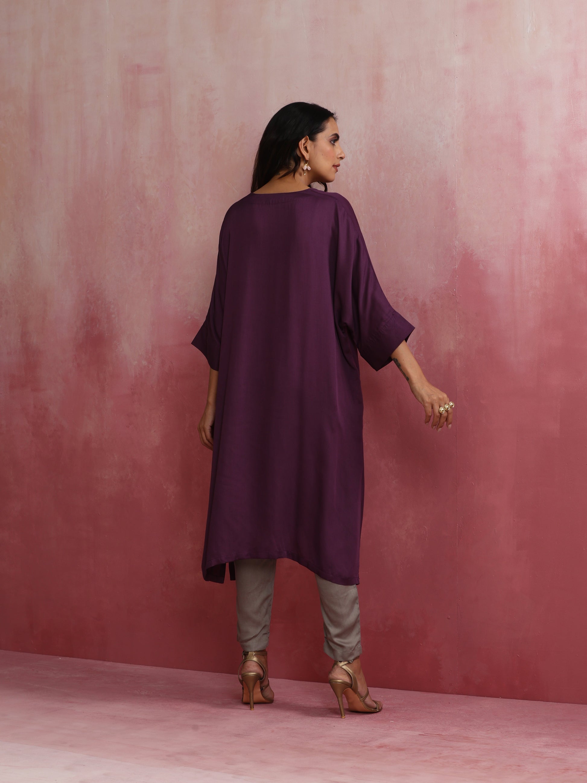 trueBrowns Purple Modal Kimono Kurta Set