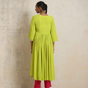 trueBrowns Lime Crinkle Anarkali Flared Kurta Set