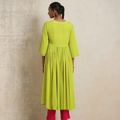 trueBrowns Lime Crinkle Anarkali Flared Kurta Set