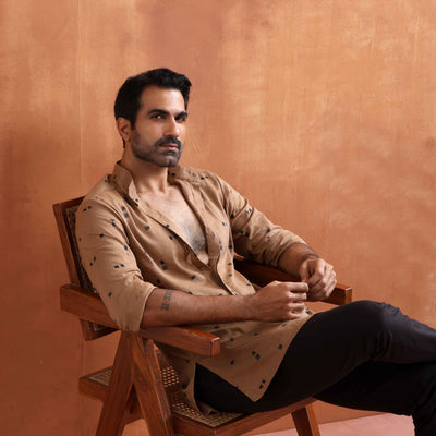 trueBrowns Men's Brown Printed Short Kurta