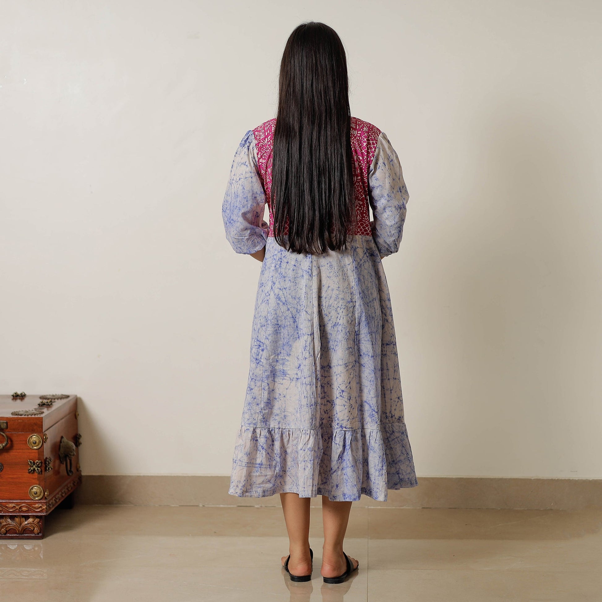Blue - Hand Batik Printed Cotton Flared Dress 03