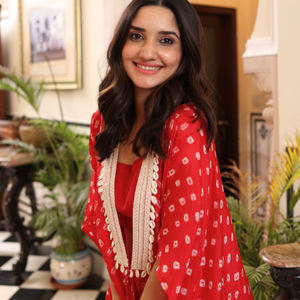 Flaming Red Bandhani Silk Coord Set
