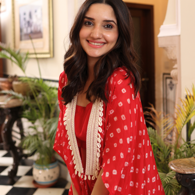 Flaming Red Bandhani Silk Coord Set