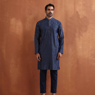 trueBrowns Men's Blue Cotton Dobby Kurta