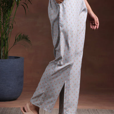 Grey Printed Poly Crepe Straight Suit With Dupatta