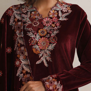 trueBrowns Maroon Velvet Floral Embroidered Kurta Pant Dupatta Set