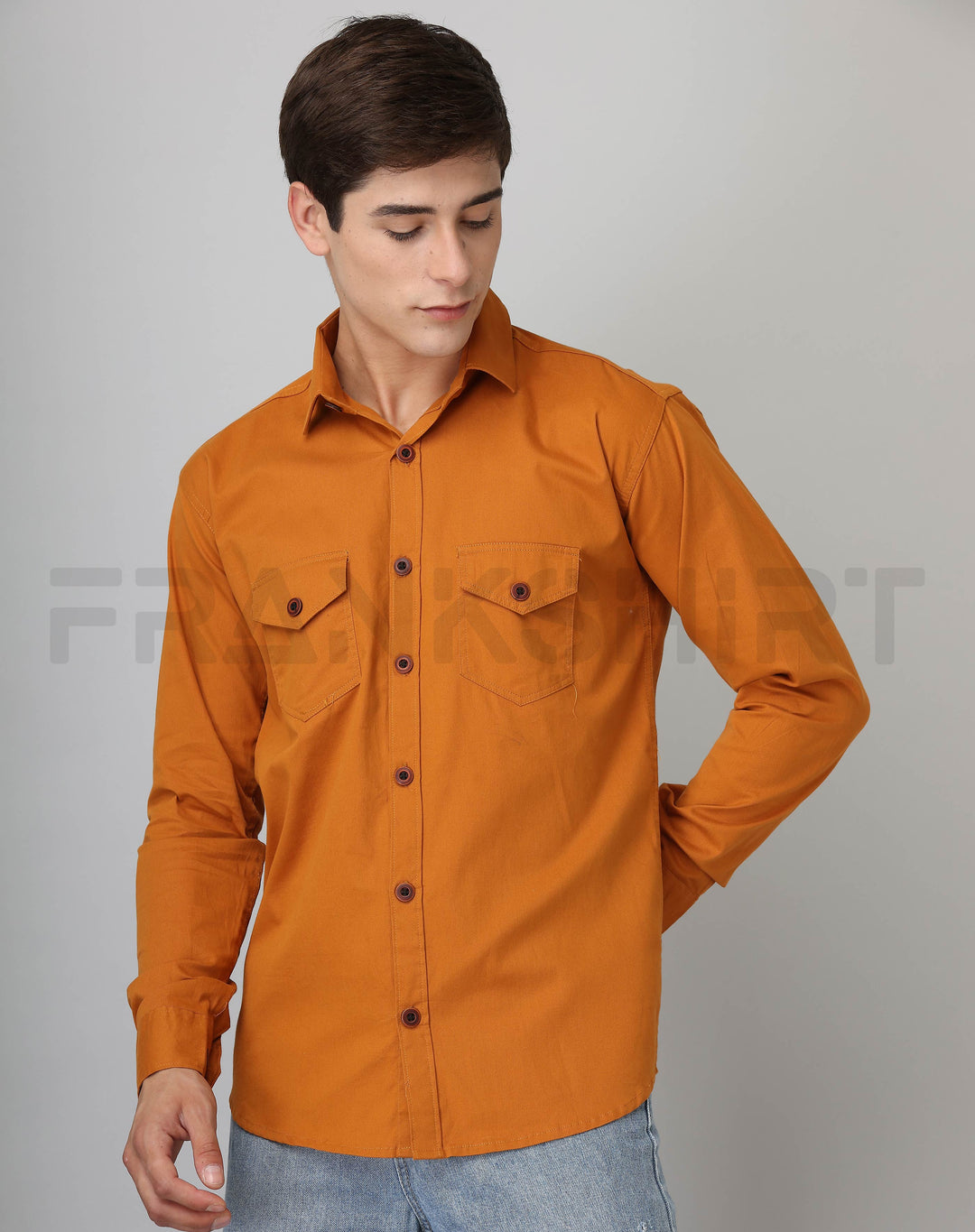 Frankshirt Double Pocket Mustard Solid Tailored Fit Cotton Casual Shirt for Man