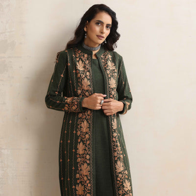 trueBrowns Green Kashmiri Woollen Jacket 3pc Set