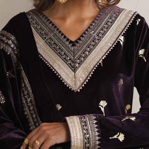 trueBrowns Wine Velvet Floral Embroidered Kurta Pant Dupatta Set