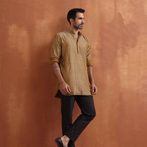 trueBrowns Men's Mustard Cotton Dobby Short Kurta