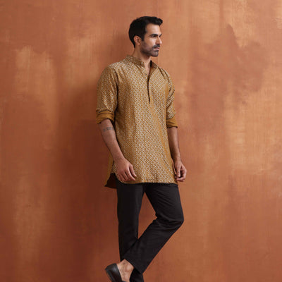 trueBrowns Men's Mustard Cotton Dobby Short Kurta