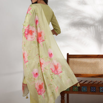 Green Embroidered Cotton Straight Suit With Dupatta