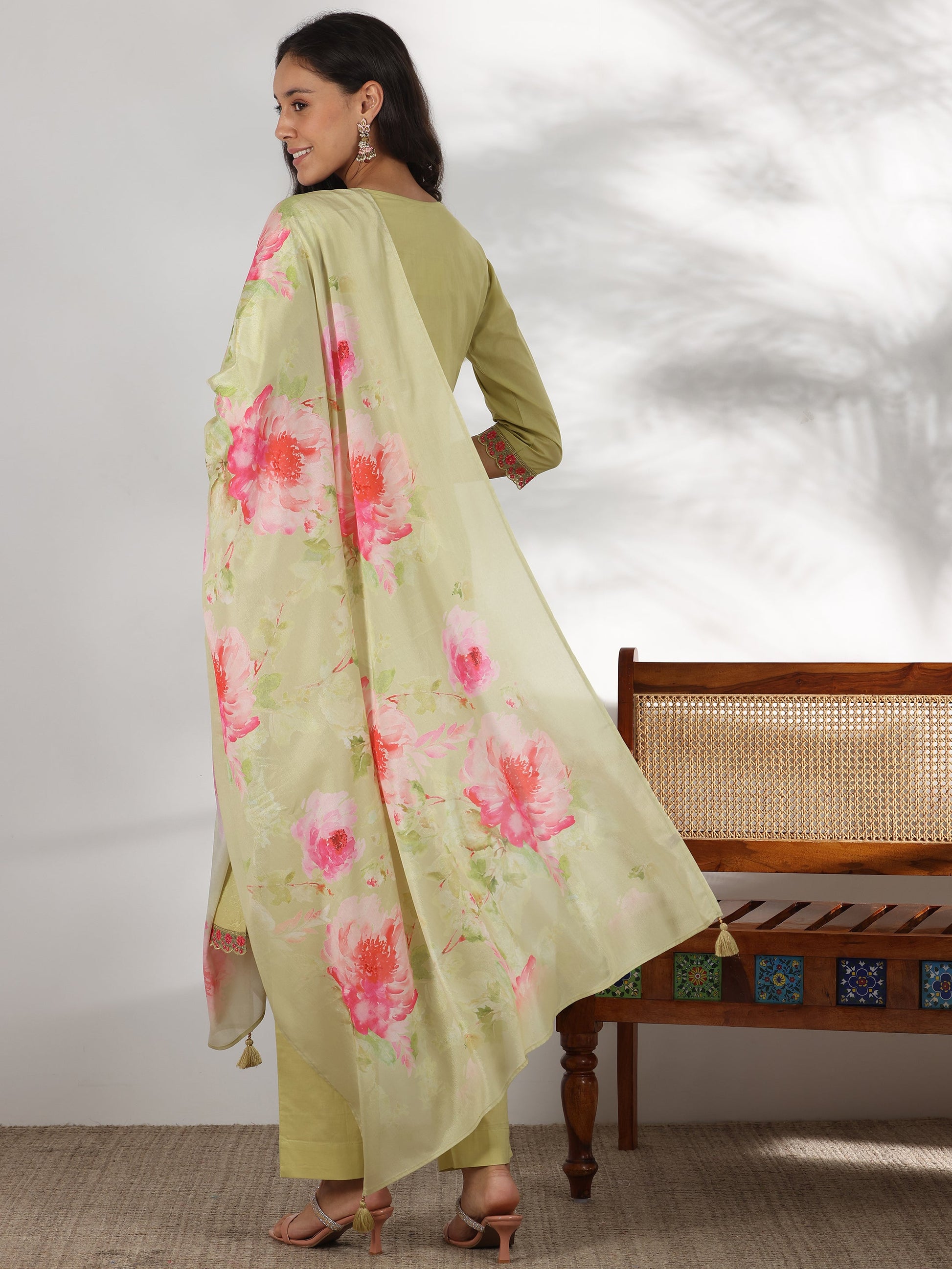 Green Embroidered Cotton Straight Suit With Dupatta