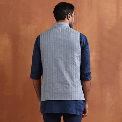 trueBrowns Men's Blue Chanderi Reversible Nehru Jacket