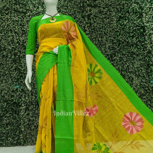 Exclusive Yellow Green Floral Theme Tissue Banarasi Silk Saree