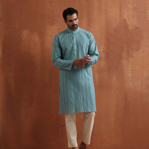 trueBrowns Men's Green Textured Cotton Dobby Kurta