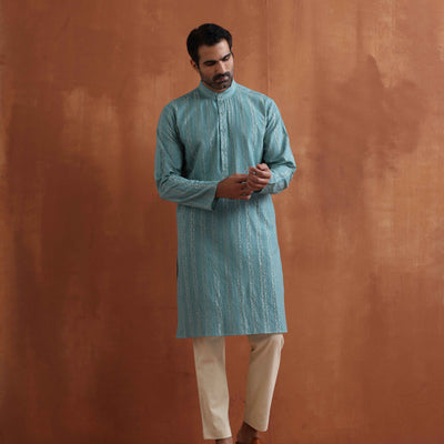 trueBrowns Men's Green Textured Cotton Dobby Kurta