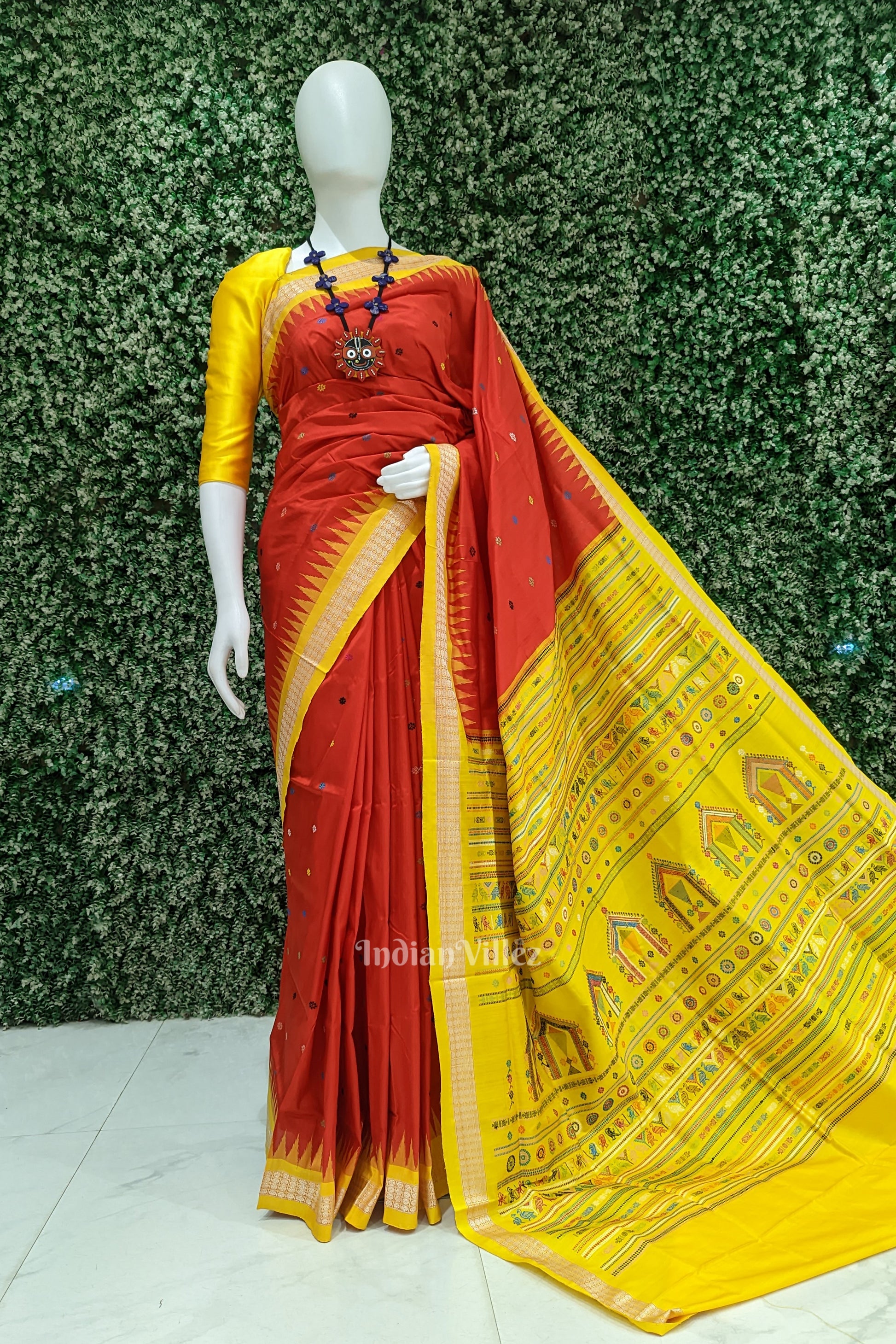 Red Yellow Dolabedi Sambalpuri Bomkai Silk Saree