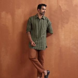 trueBrowns Men's Olive Green Cotton Dobby Short Kurta