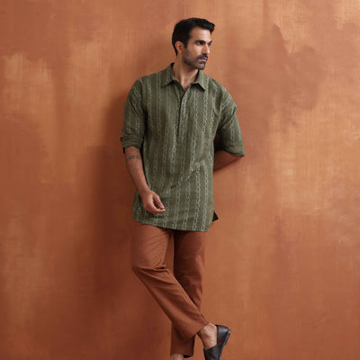 trueBrowns Men's Olive Green Cotton Dobby Short Kurta