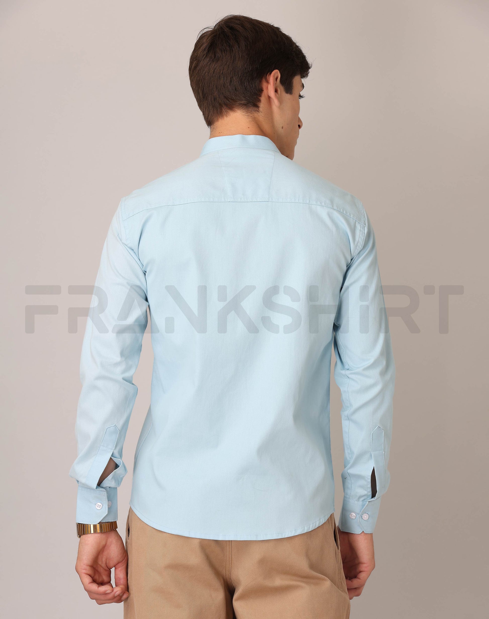Frankshirt Chinese Collar Light Blue Tailored Fit Cotton Casual Shirt for Man