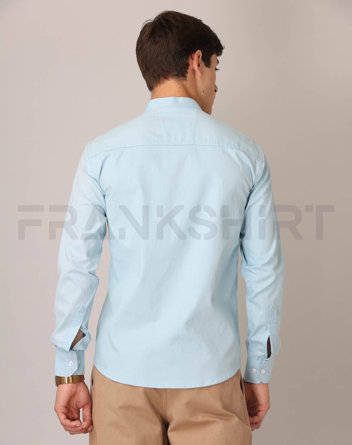 Frankshirt Chinese Collar Light Blue Tailored Fit Cotton Casual Shirt for Man