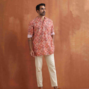 trueBrowns Men's Beige Printed Short Kurta
