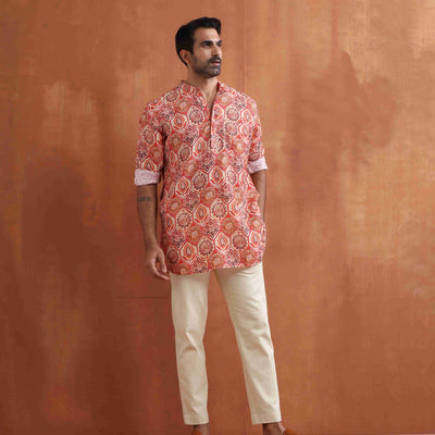 trueBrowns Men's Beige Printed Short Kurta