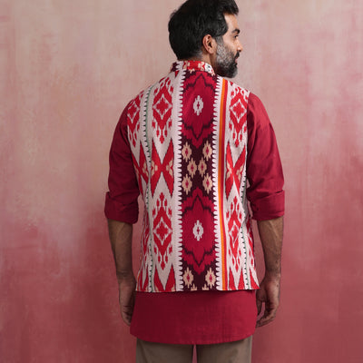 trueBrowns Men's Maroon Ikat Reversible  Nehru Jacket
