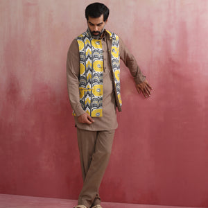 trueBrowns Men's Beige Ikat Reversible  Nehru Jacket