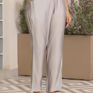 Grey Printed Silk Blend Straight Suit With Dupatta