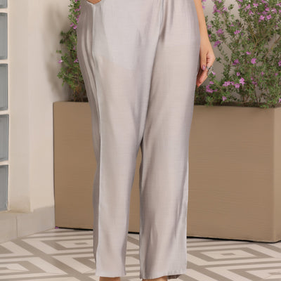 Grey Printed Silk Blend Straight Suit With Dupatta