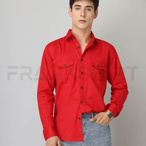 Frankshirt Double Pocket Red Solid Tailored Fit Cotton Casual Shirt for Man