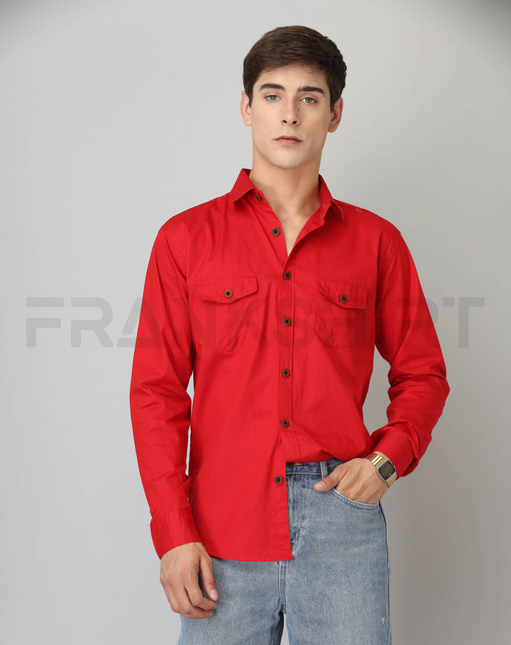 Frankshirt Double Pocket Red Solid Tailored Fit Cotton Casual Shirt for Man