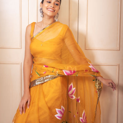 Surya Handpainted Gota Pure Organza Saree