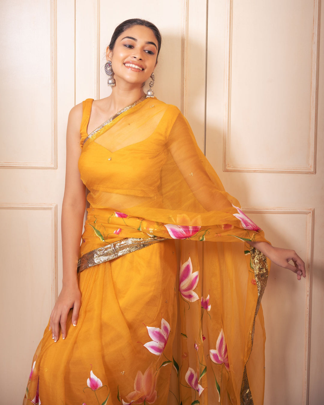 Surya Handpainted Gota Pure Organza Saree