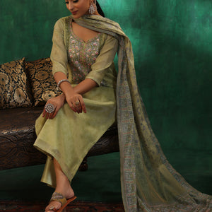 Green Yoke Design Silk Blend Straight Suit With Dupatta