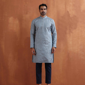 trueBrowns Men's Blue Chanderi Kurta