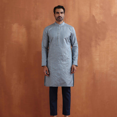 trueBrowns Men's Blue Chanderi Kurta